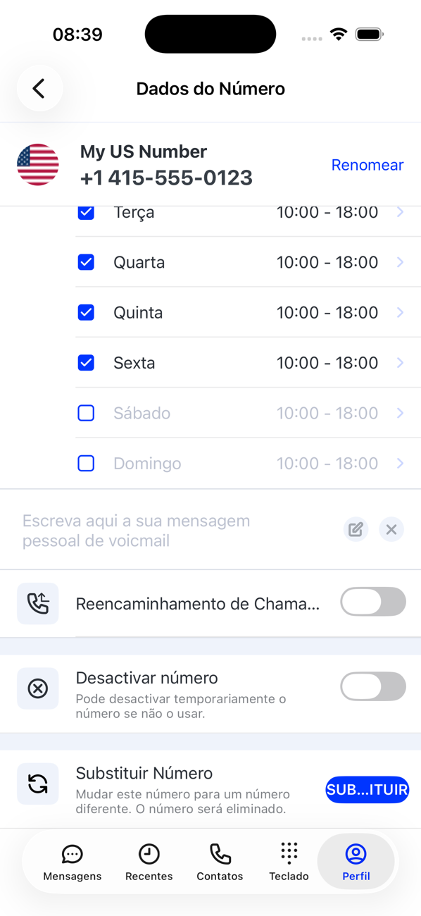 Metade inferior de Detalhes do número: horário comercial, a caixa da mensagem pessoal de correio de voz, Encaminhamento de chamadas, Desativar número e Substituir número