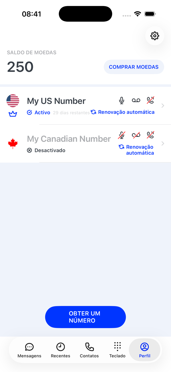 Tela Perfil com um número ativo e um número desativado