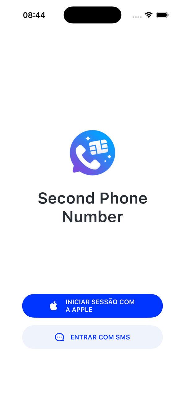 Ecrã de início de sessão, com os botões INICIAR SESSÃO COM A APPLE e INICIAR SESSÃO COM SMS