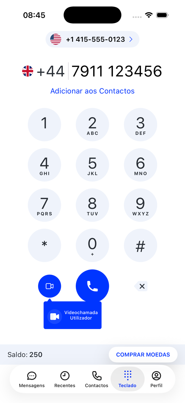 Teclado com um número do Reino Unido marcado, uma ligação Adicionar aos contactos e o botão azul de chamada