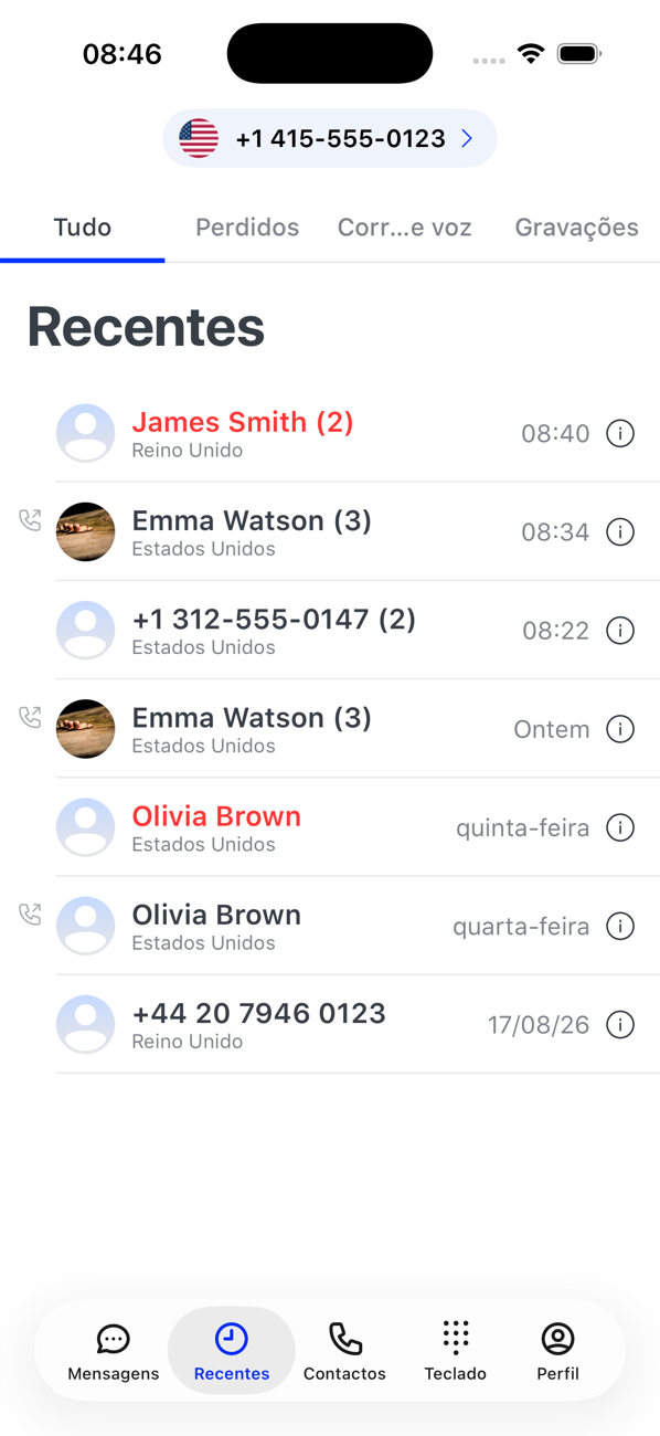 Separador Recentes com todas as chamadas, com nomes dos contactos, países e horas
