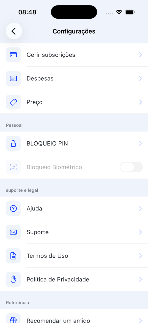 Ecrã Configurações, com Gerir subscrições, Despesas, Preço, BLOQUEIO PIN, Bloqueio Biométrico, Ajuda, Suporte, Termos de Uso, Política de Privacidade e Recomendar a um amigo