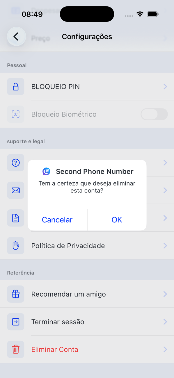 Ecrã Configurações com a confirmação de Eliminar Conta: Tem a certeza de que quer eliminar esta conta? Cancelar ou OK