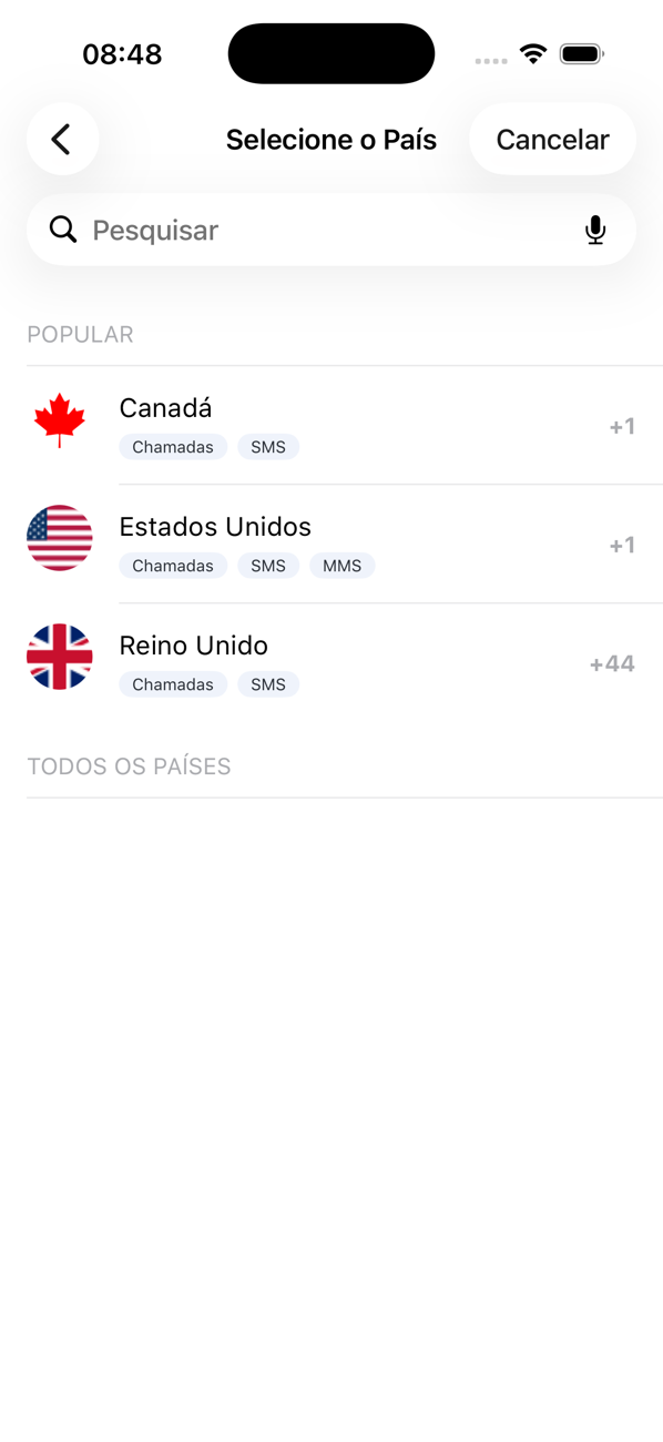 Ecrã Selecionar país ao adicionar um número, com os países populares e um campo de pesquisa