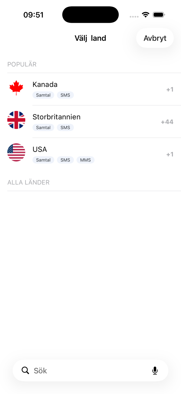 Skärmen Välj land med en lista över populära länder och vad de stöder: samtal, SMS och MMS