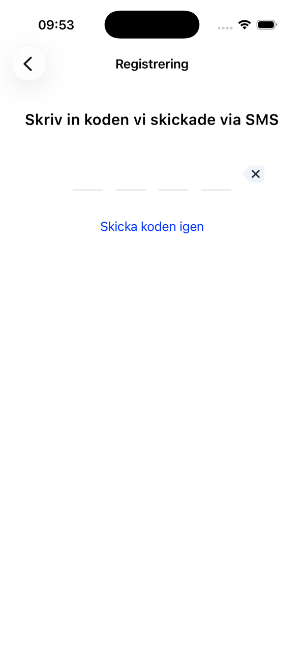 Registreringsskärmen som frågar efter koden som skickats via SMS, med länken Skicka koden igen