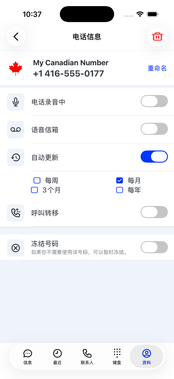额外号码的“号码详情”，包含重命名、通话录音、语音信箱、自动更新选项和重新启用号码