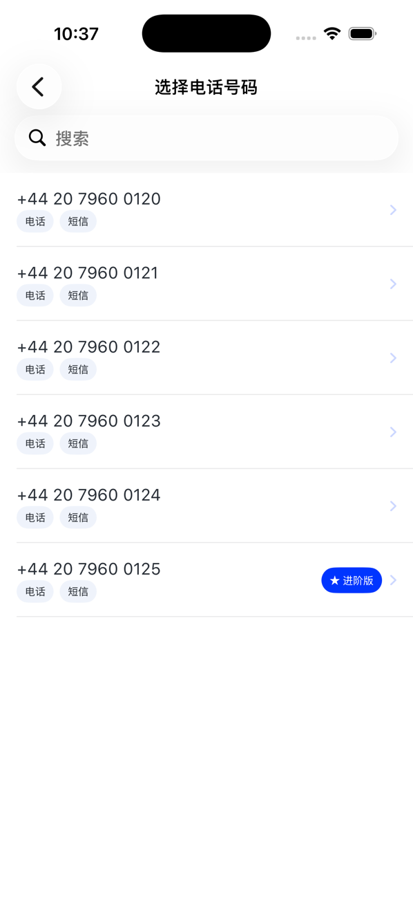 “添加新号码”屏幕，列出可用的英国号码及其功能，其中一个标为“进阶版”